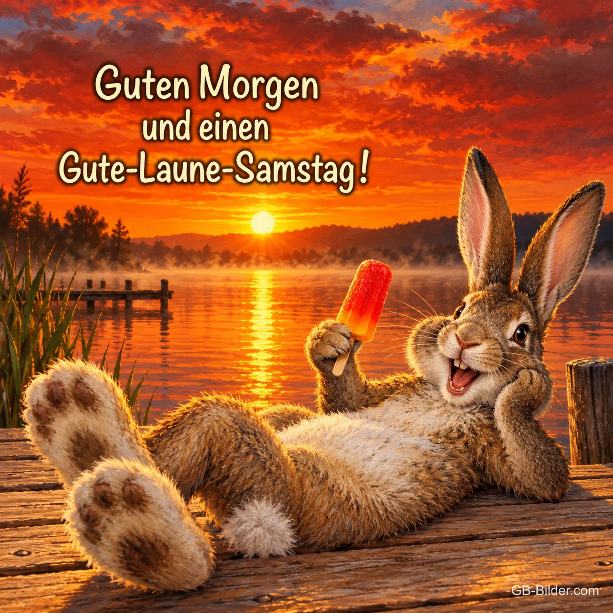 Hase liegt lachend mit Eis am Stiel auf einem Steg bei Sonnenaufgang, Text: Guten Morgen und einen Gute-Laune-Samstag!