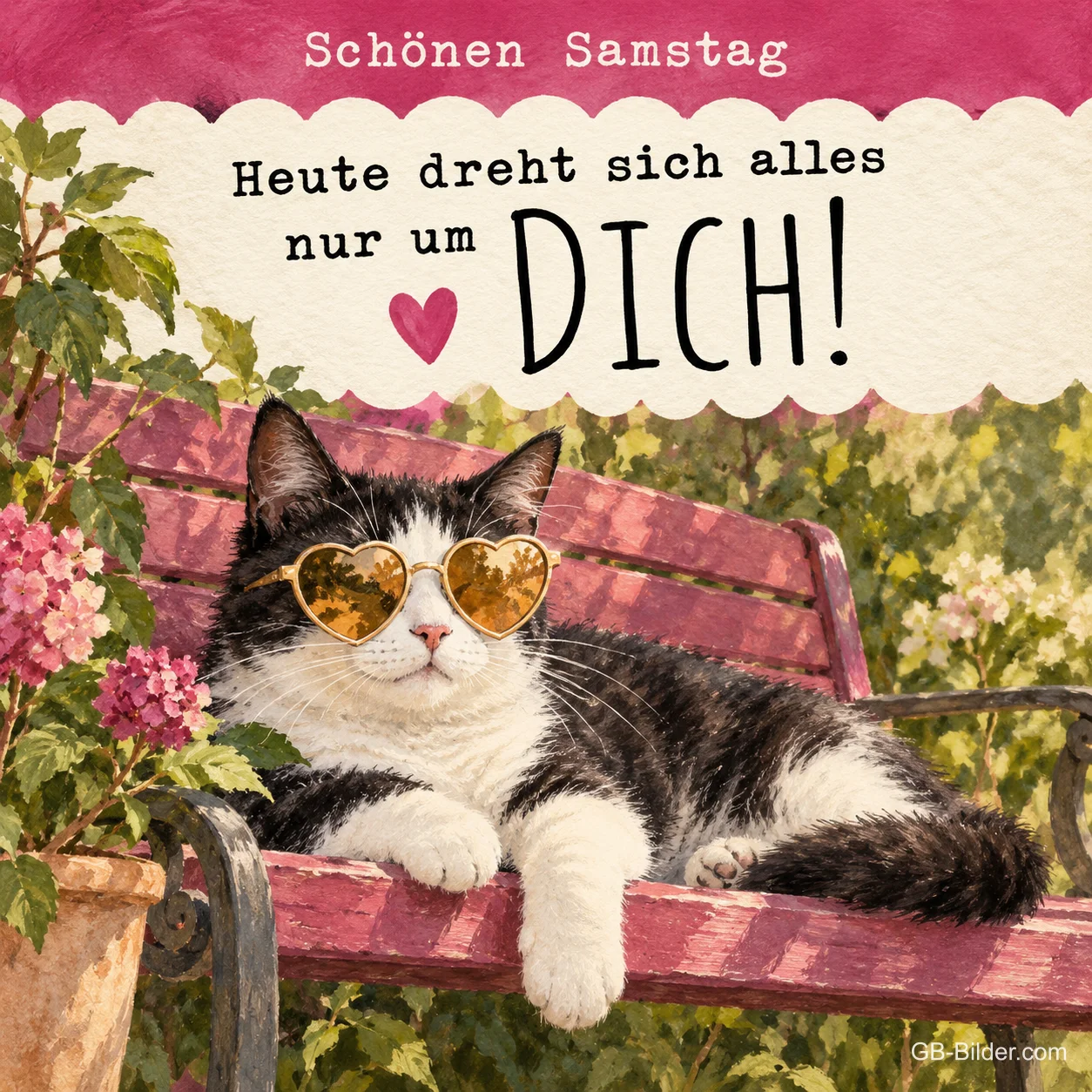 Schwarz-weiße Katze mit herzförmiger Sonnenbrille liegt auf einer Gartenbank, Text: Schönen Samstag – Heute dreht sich alles nur um DICH!