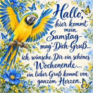 Blau-gelber Ara breitet die Flügel zwischen blauen Blumen aus, Text: Hallo, hier kommt mein Samstag-mag’-Dich-Gruß… ich wünsche Dir ein schönes Wochenende… ein lieber Gruß kommt von ganzem Herzen.