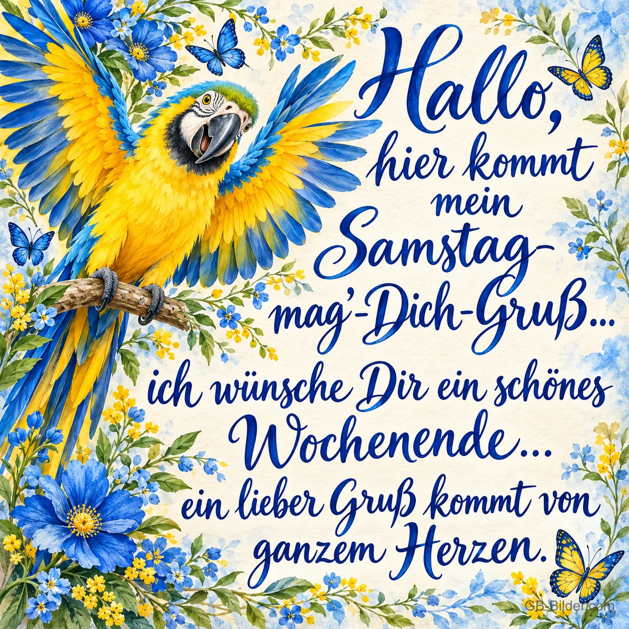 Blau-gelber Ara breitet die Flügel zwischen blauen Blumen aus, Text: Hallo, hier kommt mein Samstag-mag’-Dich-Gruß… ich wünsche Dir ein schönes Wochenende… ein lieber Gruß kommt von ganzem Herzen.