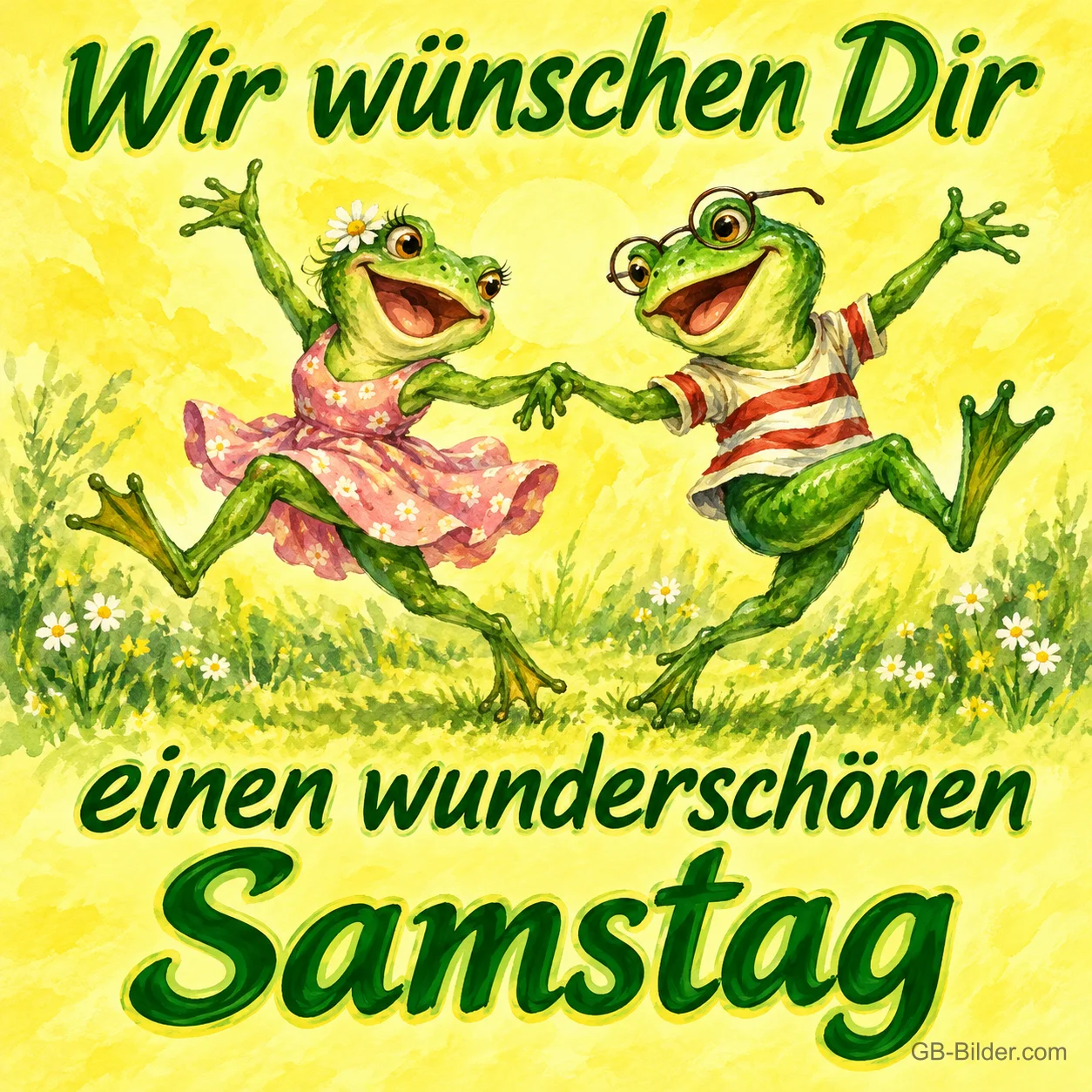 Zwei Frösche in Kleidern tanzen fröhlich, Text: Wir wünschen Dir einen wunderschönen Samstag