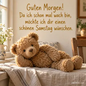 Teddybär liegt entspannt auf einer Decke am Fenster, Text: Guten Morgen! Da ich schon mal wach bin, möchte ich dir einen schönen Samstag wünschen.