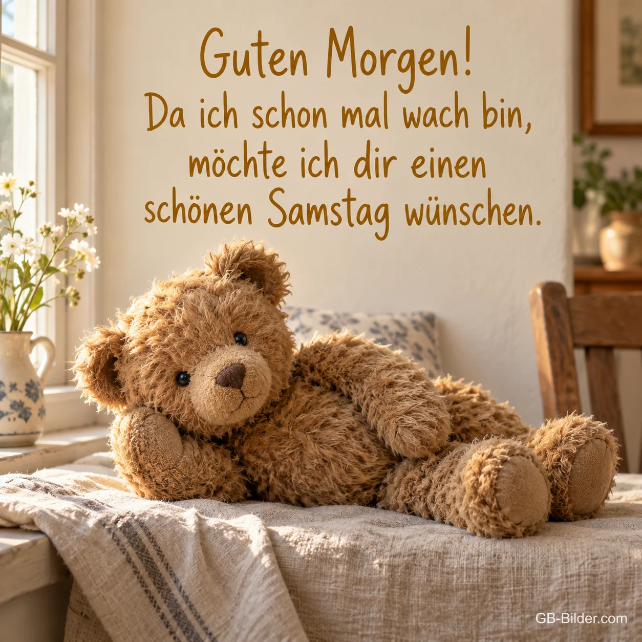 Teddybär liegt entspannt auf einer Decke am Fenster, Text: Guten Morgen! Da ich schon mal wach bin, möchte ich dir einen schönen Samstag wünschen.