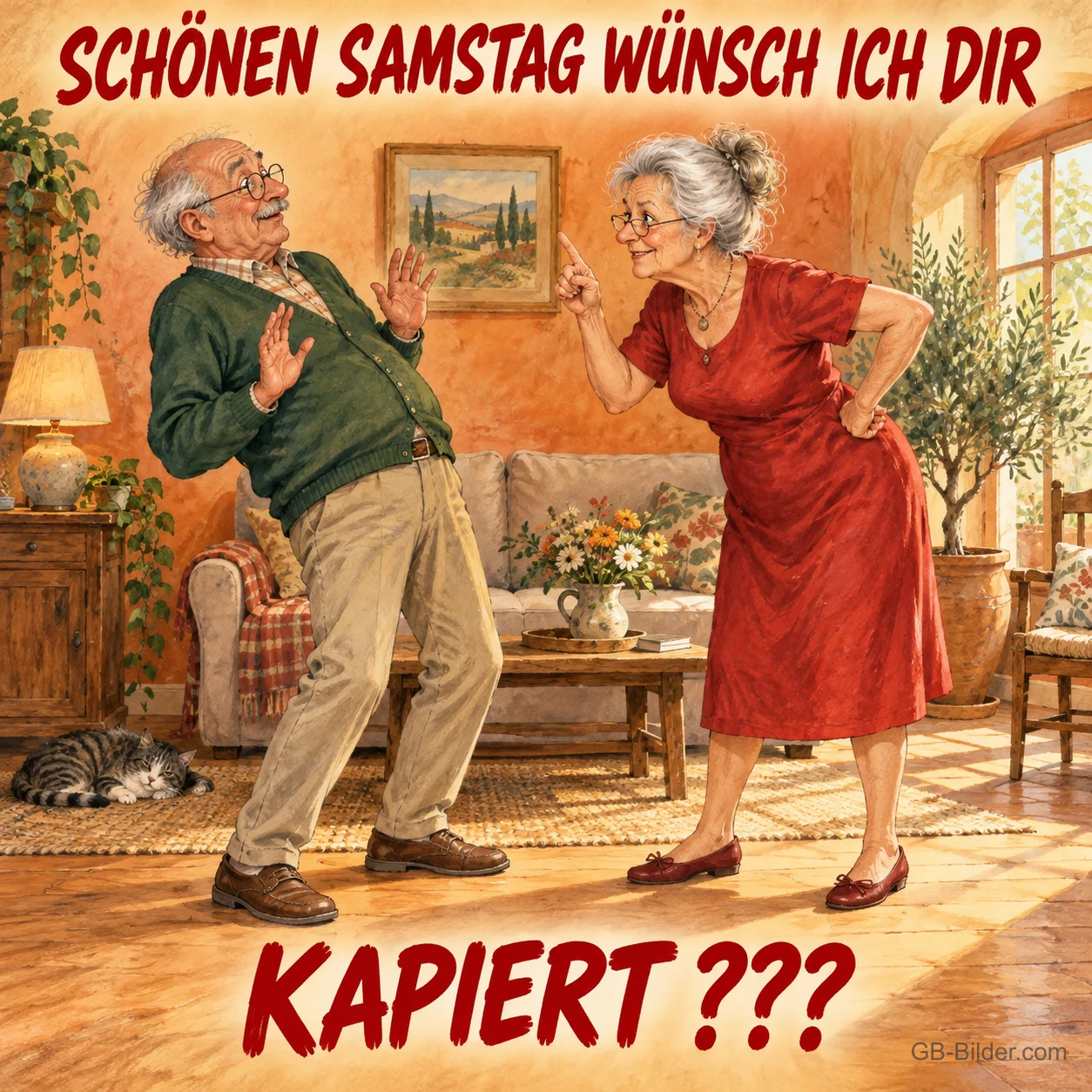 Ältere Frau zeigt energisch auf ihren Mann im Wohnzimmer, Text: SCHÖNEN SAMSTAG WÜNSCH ICH DIR – KAPIERT???