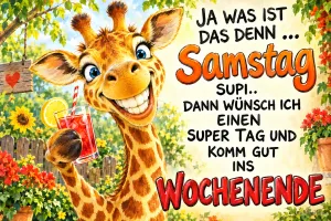 Grinsende Giraffe mit Saftglas vor einem blühenden Gartenzaun, Text: JA WAS IST DAS DENN … Samstag SUPI.. DANN WÜNSCH ICH EINEN SUPER TAG UND KOMM GUT INS WOCHENENDE