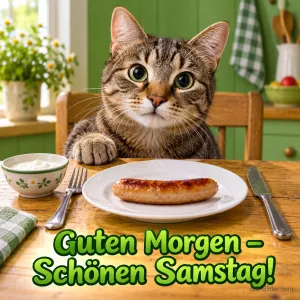 Getigerte Katze schaut hungrig auf ein Würstchen am gedeckten Frühstückstisch, Text: Guten Morgen – Schönen Samstag!