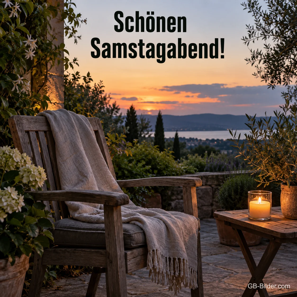Holzstuhl mit Decke und Windlicht auf einer Terrasse im Abendrot, Text: Schönen Samstagabend!