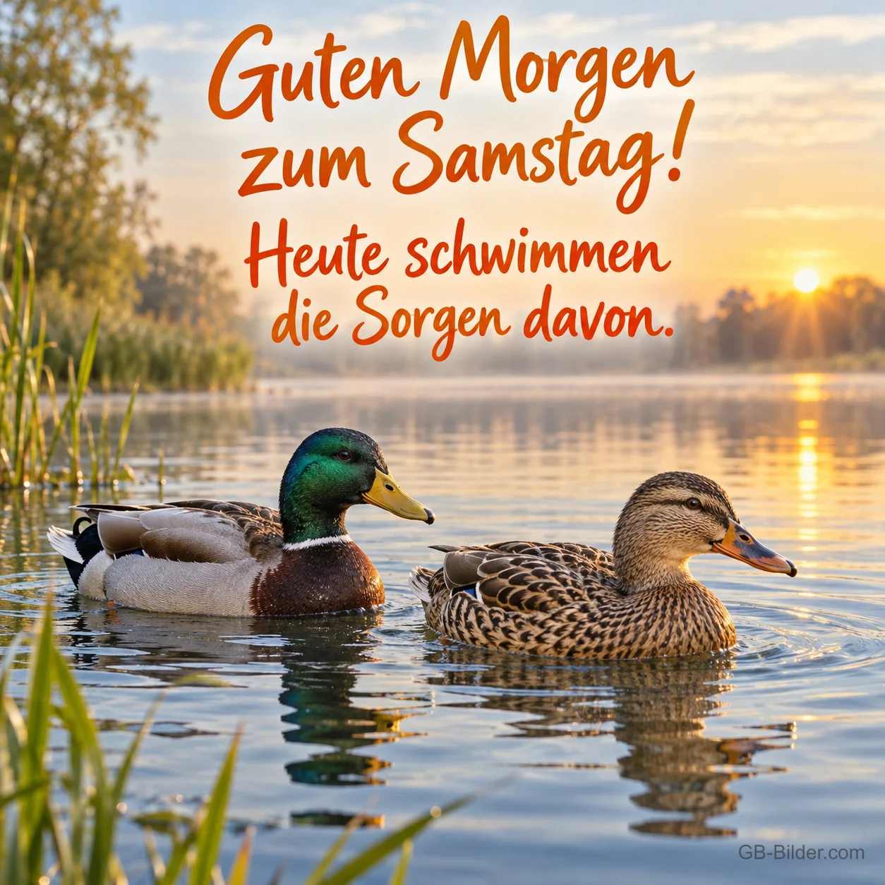 Zwei Enten auf einem See bei Sonnenaufgang, Text: Guten Morgen zum Samstag! Heute schwimmen die Sorgen davon.