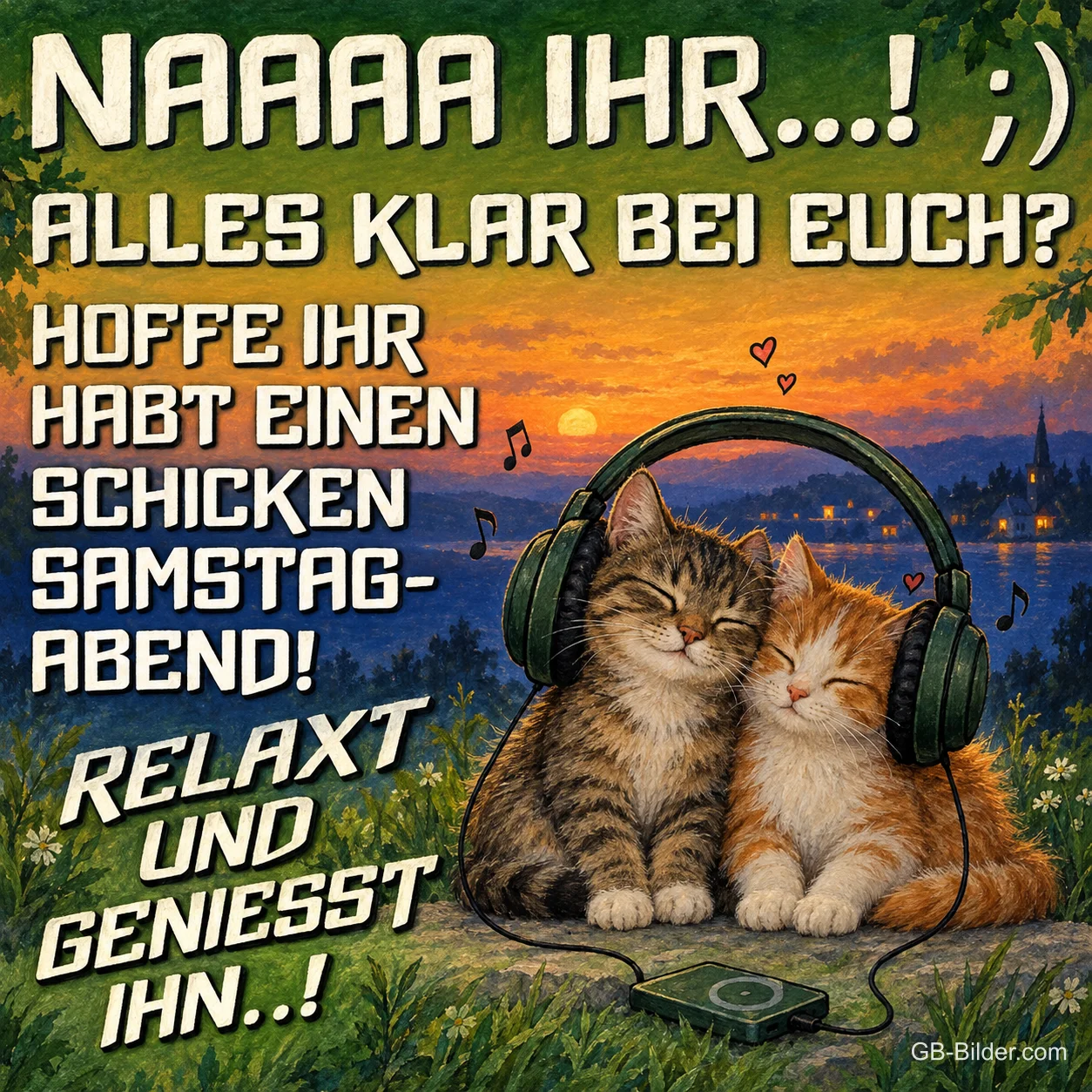 Zwei Katzen hören gemeinsam Musik mit Kopfhörern im Abendlicht, Text: NAAAA IHR…! ;) ALLES KLAR BEI EUCH? HOFFE IHR HABT EINEN SCHICKEN SAMSTAGABEND! RELAXT UND GENIESST IHN..!