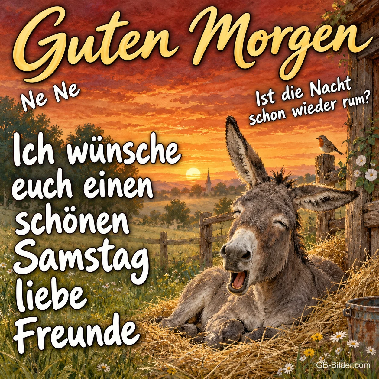 Lachender Esel im Heu, Text: Guten Morgen Lachender Esel im Heu, Text: Guten Morgen