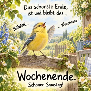 Blaumeise singt auf einem Zaun im Garten, Text: Das schönste Ende, ist und bleibt das… Wochenende. Schönen Samstag!