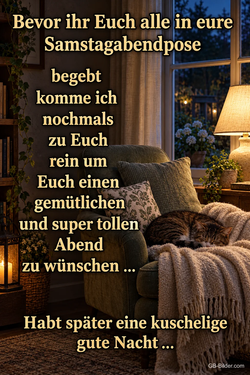 Schlafende Katze im Sessel, Text: Bevor ihr Euch alle in eure Samstagabendpose begebt komme ich nochmals Schlafende Katze im Sessel, Text: Bevor ihr Euch alle in eure Samstagabendpose begebt komme ich nochmals