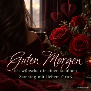 Frau mit Tasse am Fenster neben roten Rosen, Text: Guten Morgen – ich wünsche dir einen schönen Samstag mit liebem Gruß