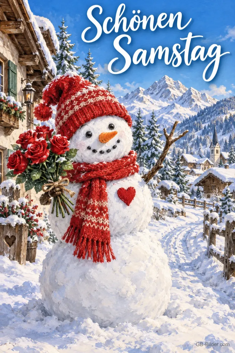 Schneemann mit roter Mütze und Rosenstrauß in einem verschneiten Bergdorf, Text: Schönen Samstag