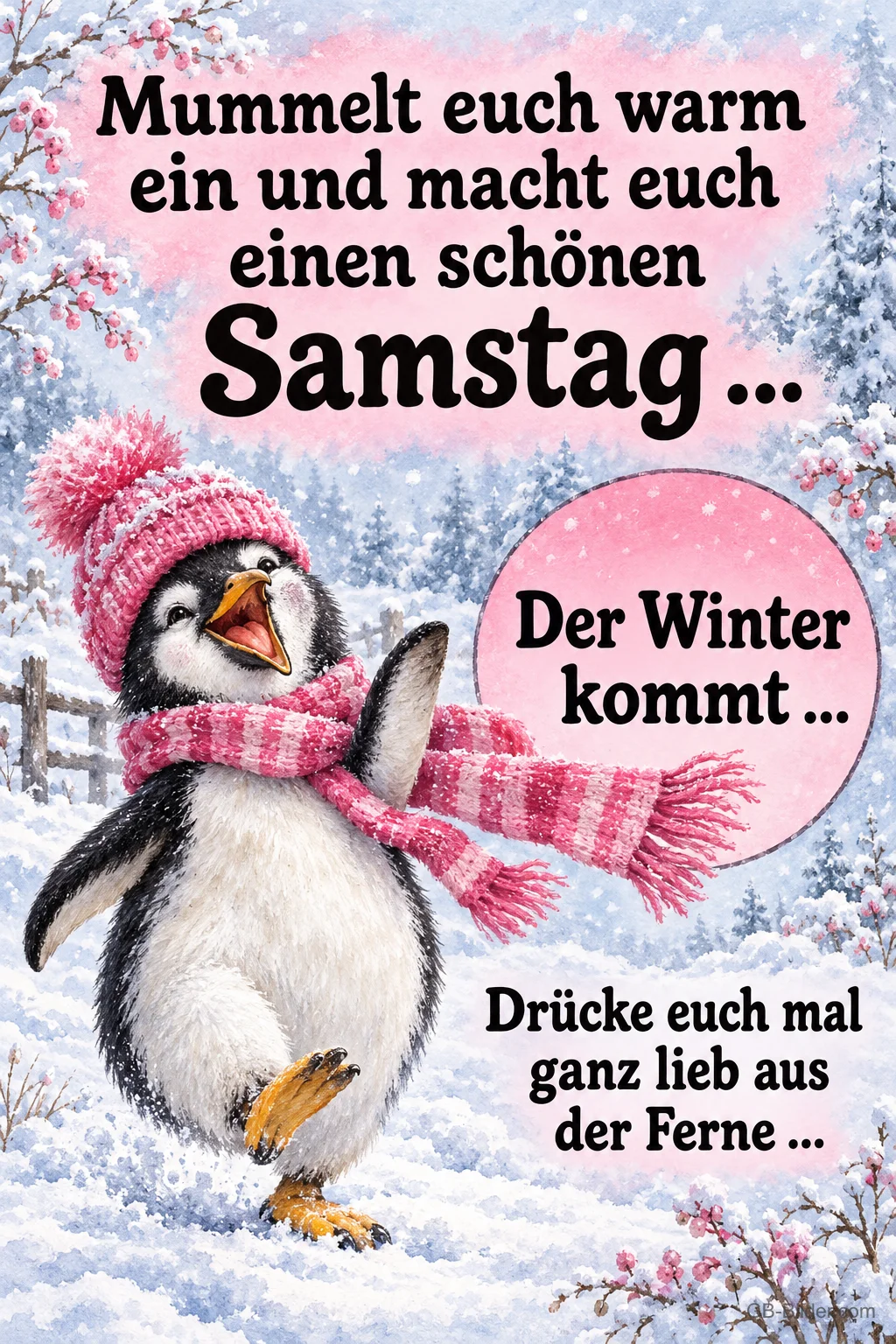 Pinguin mit pinker Mütze und Schal tanzt im Schnee, Text: Mummelt euch warm ein und macht euch einen schönen Samstag … Der Winter kommt … Drücke euch mal ganz lieb aus der Ferne …
