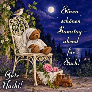 Teddybär mit Schlafmütze auf einem Gartenstuhl im Mondschein, Text: Einen schönen Samstagabend für euch! Gute Nacht!