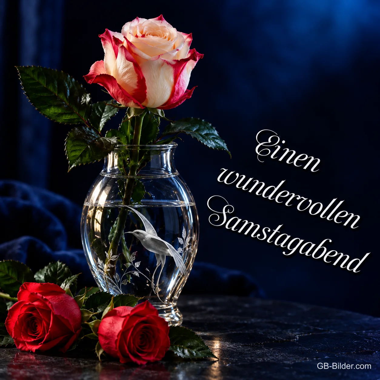 Rot-weiße Rose in einer Kristallvase, Text: Einen wundervollen Samstagabend