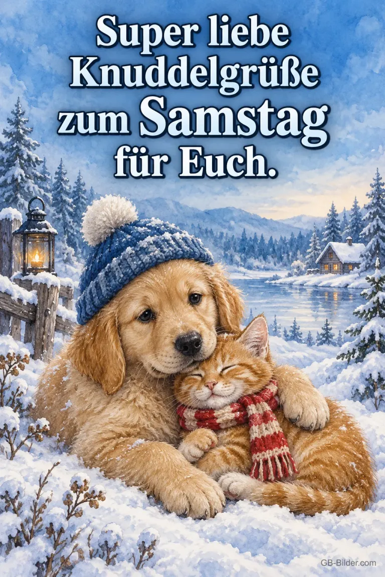 Welpe und Kätzchen kuscheln im Schnee, Text: Super liebe Knuddelgrüße zum Samstag für euch.