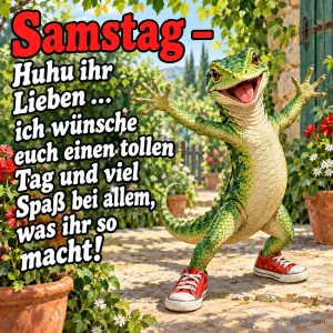 Grüne Echse mit roten Turnschuhen tanzt fröhlich im Garten, Text: Samstag – Huhu ihr Lieben … ich wünsche euch einen tollen Tag und viel Spaß bei allem, was ihr so macht!