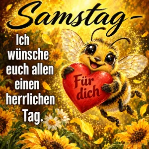 Biene fliegt mit einem roten Herz zwischen Sonnenblumen, Text: Samstag – Ich wünsche euch allen einen herrlichen Tag. Für dich