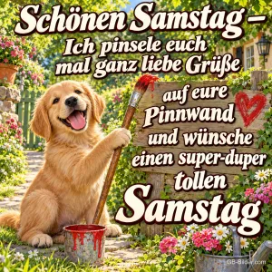 Golden-Retriever-Welpe hält einen Pinsel vor einem Holzschild, Text: Schönen Samstag – Ich pinsele euch mal ganz liebe Grüße auf eure Pinnwand und wünsche einen super-duper tollen Samstag