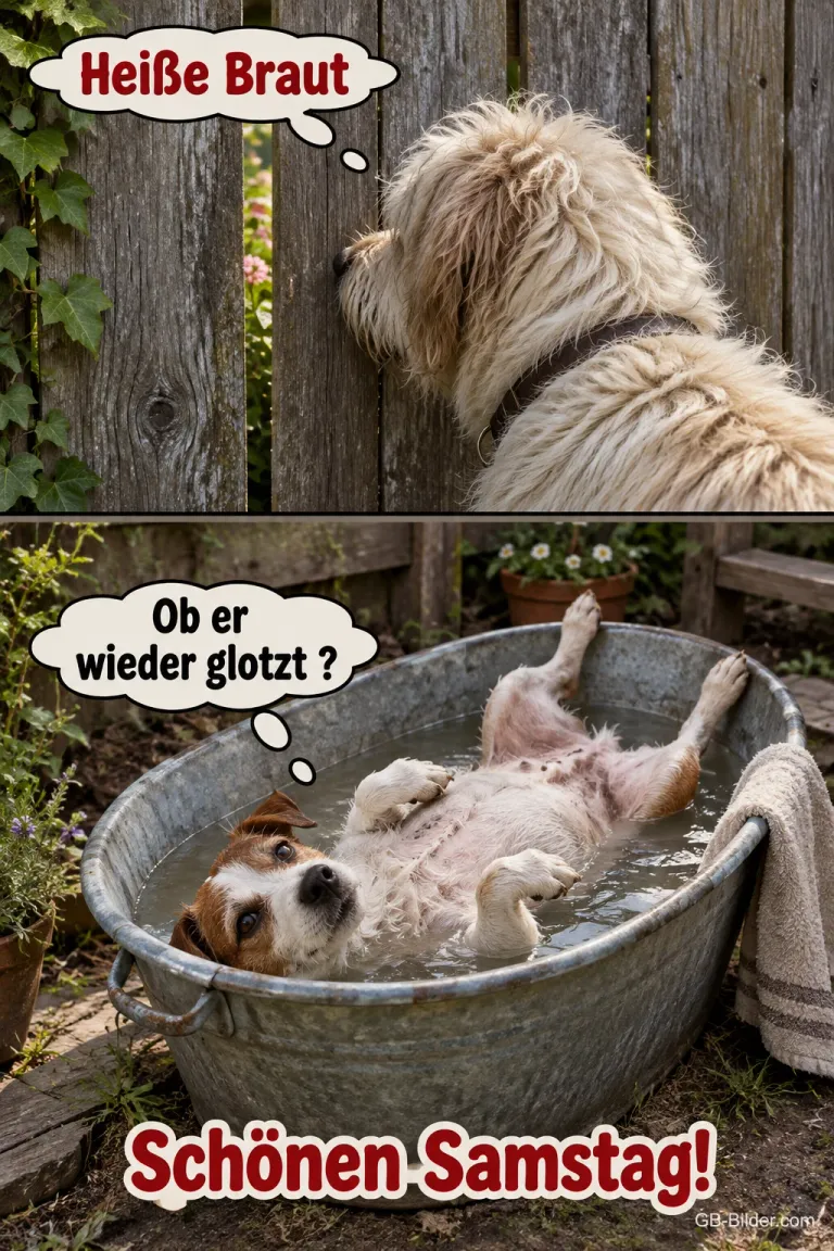 Hund lugt durch den Zaun, Hündin badet in der Wanne, lustiger Spruch, Schönen Samstag!