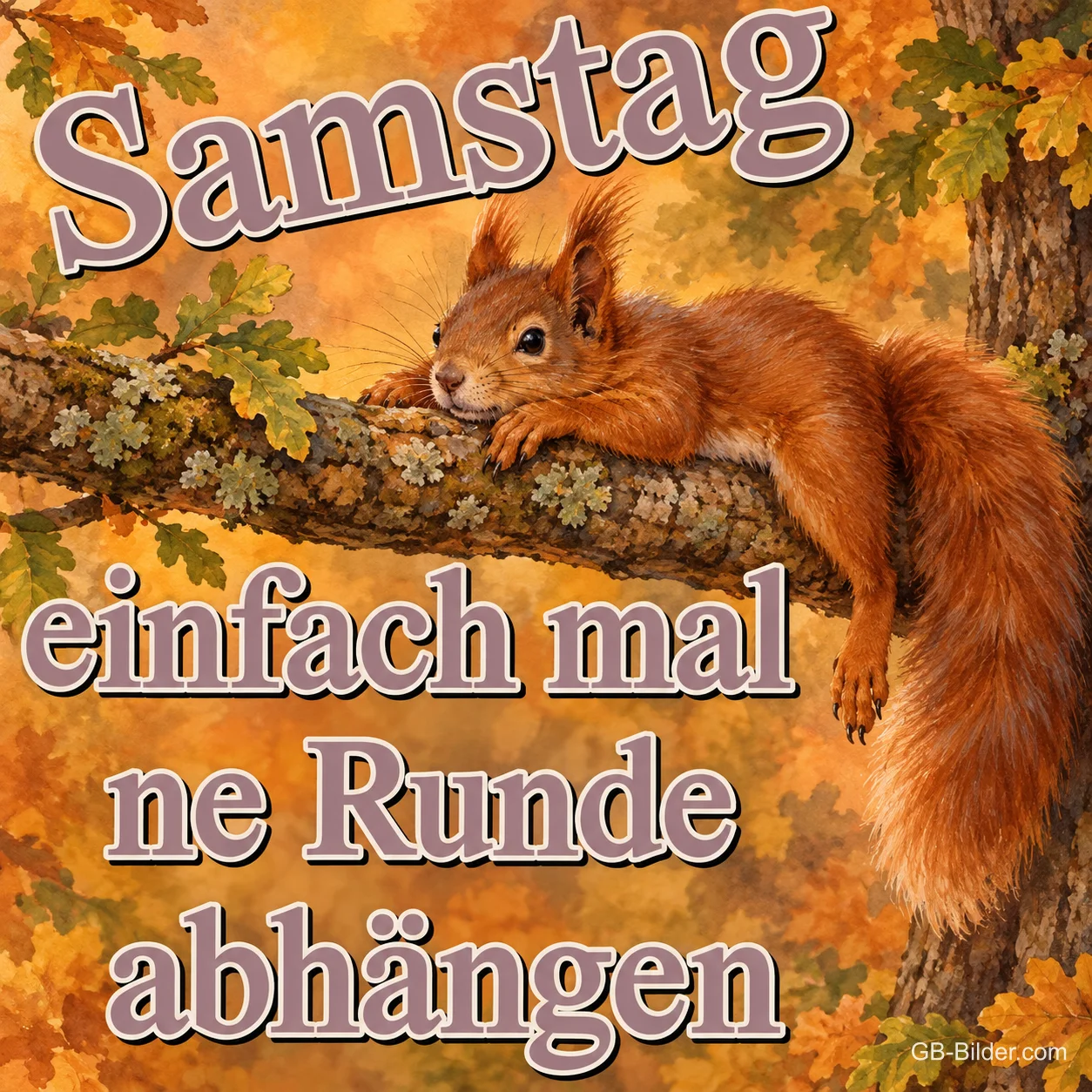 Entspanntes Eichhörnchen auf einem Ast, Text: Samstag – einfach mal ne Runde abhängen