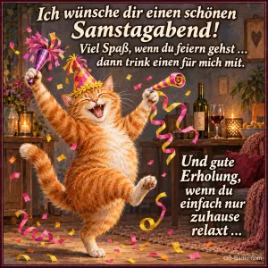 Katze mit Partyhut und Tröte tanzt im Konfetti, Text: Ich wünsche dir einen schönen Samstagabend! Viel Spaß, wenn du feiern gehst … dann trink einen für mich mit. Und gute Erholung, wenn du einfach nur zuhause relaxt …