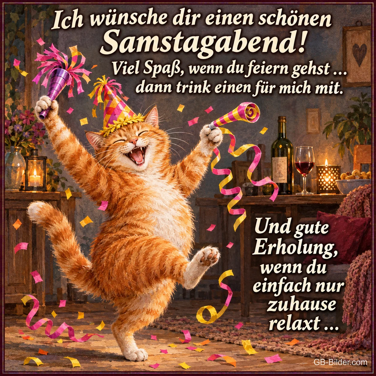 Katze mit Partyhut und Tröte tanzt im Konfetti, Text: Ich wünsche dir einen schönen Samstagabend! Viel Spaß, wenn du feiern gehst … dann trink einen für mich mit. Und gute Erholung, wenn du einfach nur zuhause relaxt …