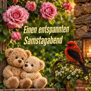 Zwei kuschelnde Teddybären unter Rosen, Text: Einen entspannten Samstagabend