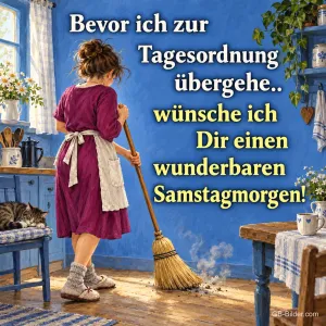 Frau fegt eine blaue Landhausküche, Text: Bevor ich zur Tagesordnung übergehe, wünsche ich dir einen wunderbaren Samstagmorgen!