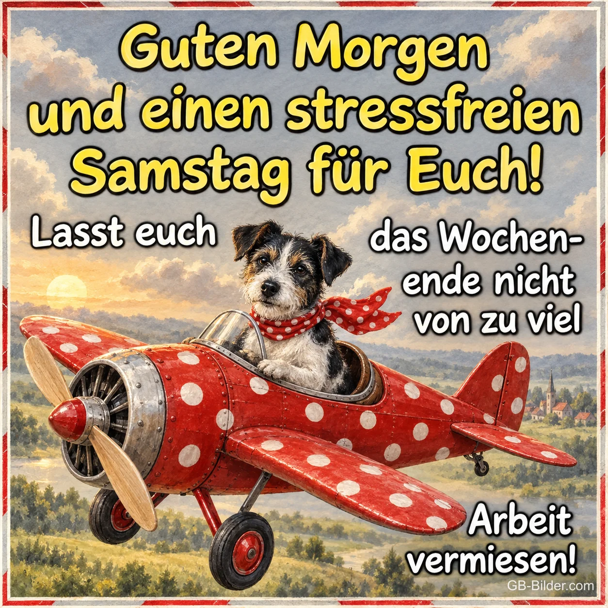 Hund im rot gepunkteten Flugzeug, Text: Guten Morgen und einen stressfreien Samstag für euch! Hund im rot gepunkteten Flugzeug, Text: Guten Morgen und einen stressfreien Samstag für euch!