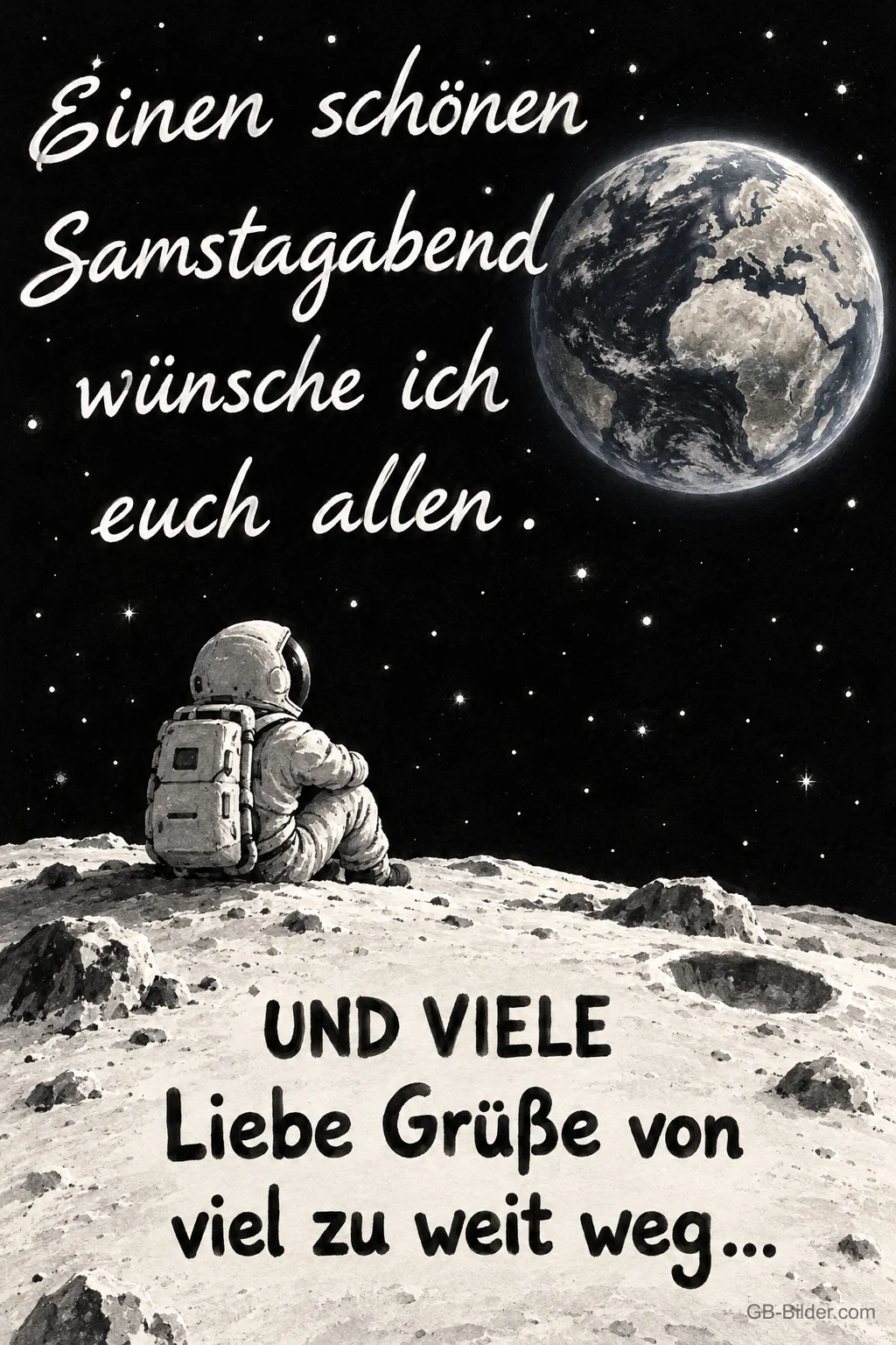 Astronaut auf dem Mond blickt zur Erde, Text: Einen schönen Samstagabend wünsche ich euch allen. Liebe Grüße von viel zu weit weg Astronaut auf dem Mond blickt zur Erde, Text: Einen schönen Samstagabend wünsche ich euch allen. Liebe Grüße von viel zu weit weg