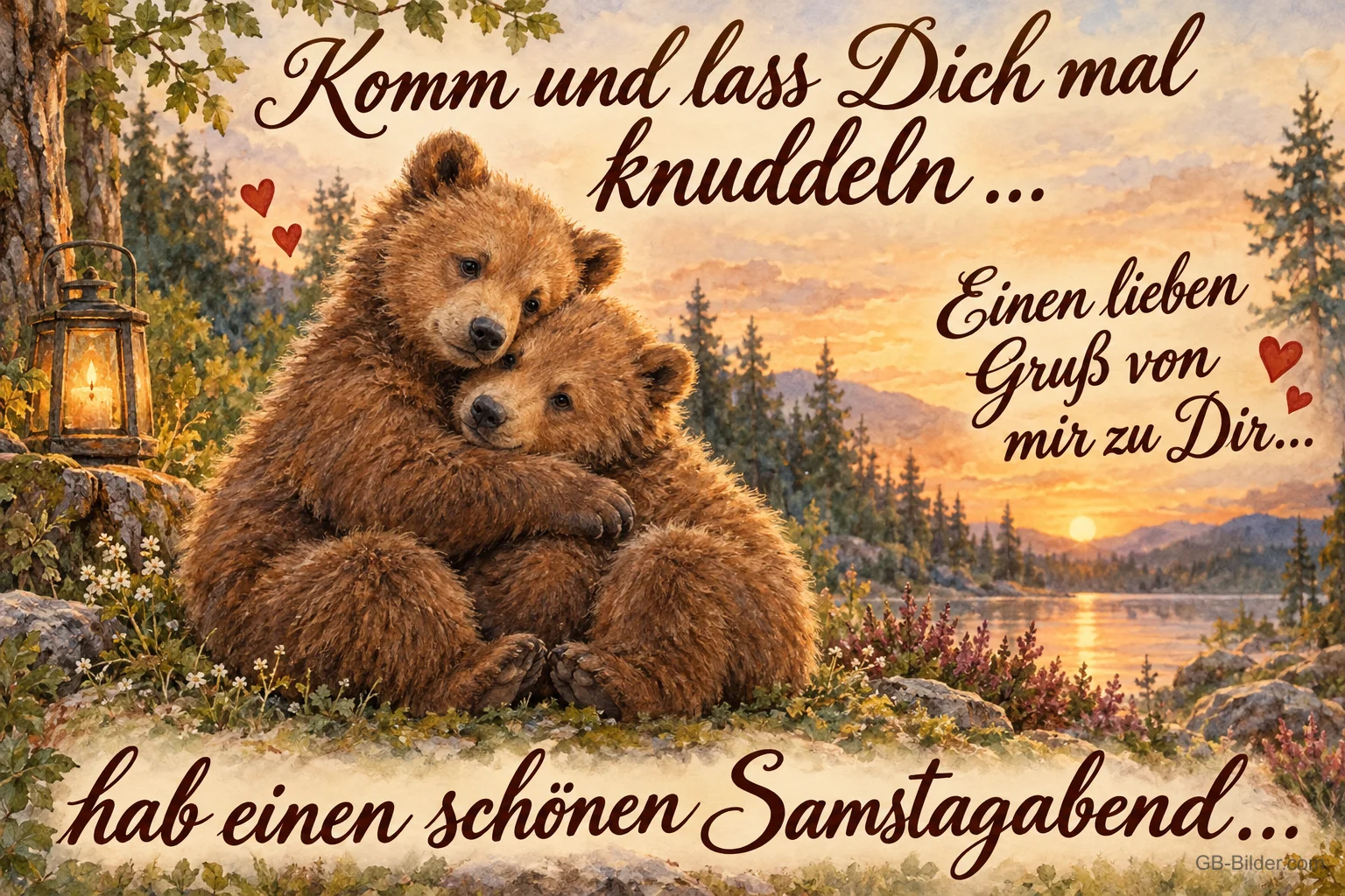 Zwei Braunbären umarmen sich am See, Text: Komm und lass dich mal knuddeln. Hab einen schönen Samstagabend Zwei Braunbären umarmen sich am See, Text: Komm und lass dich mal knuddeln. Hab einen schönen Samstagabend