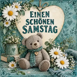 Grauer Teddybär vor einem Herz mit Margeriten, Text: Einen schönen Samstag
