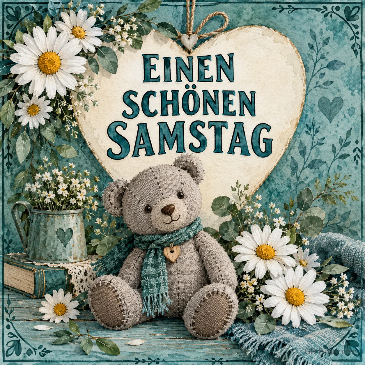 Grauer Teddybär vor einem Herz mit Margeriten, Text: Einen schönen Samstag