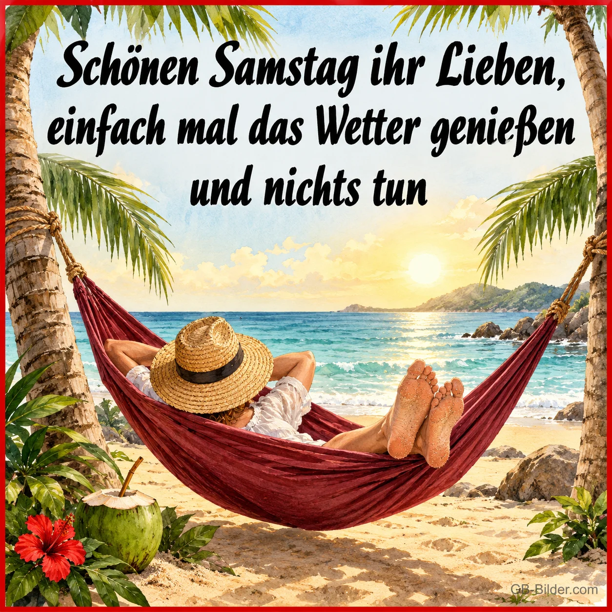 Hängematte zwischen Palmen am Strand, Text: Schönen Samstag ihr Lieben, einfach mal das Wetter genießen und nichts tun