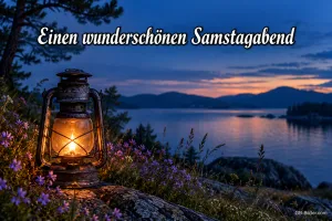 Laterne zwischen lila Blumen am See, Text: Einen wunderschönen Samstagabend