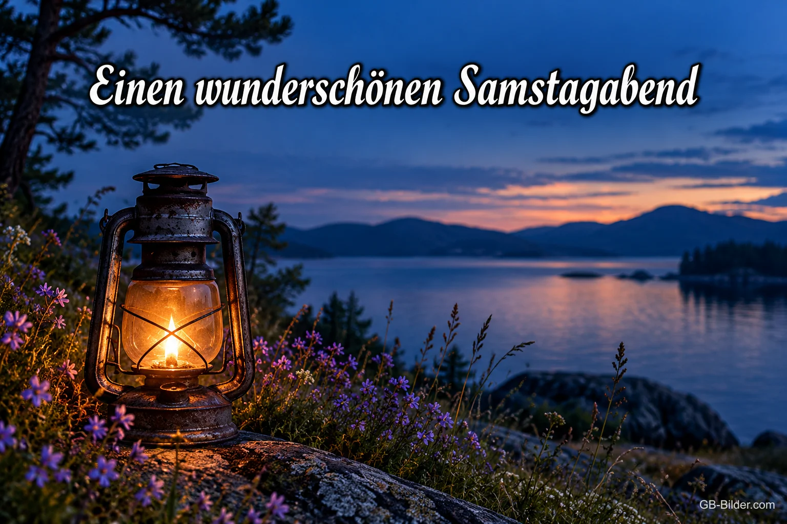 Laterne zwischen lila Blumen am See, Text: Einen wunderschönen Samstagabend