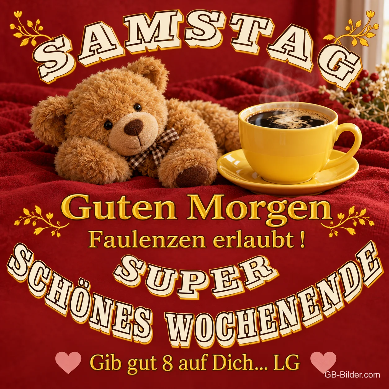 Teddybär neben einer Kaffeetasse, Text: Samstag – Guten Morgen – Faulenzen erlaubt! Super schönes Wochenende Teddybär neben einer Kaffeetasse, Text: Samstag – Guten Morgen – Faulenzen erlaubt! Super schönes Wochenende