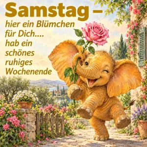 Fröhlicher Elefant hält eine rosa Rose im Rüssel in einem blühenden Garten, Text: Samstag – hier ein Blümchen für Dich.... hab ein schönes ruhiges Wochenende