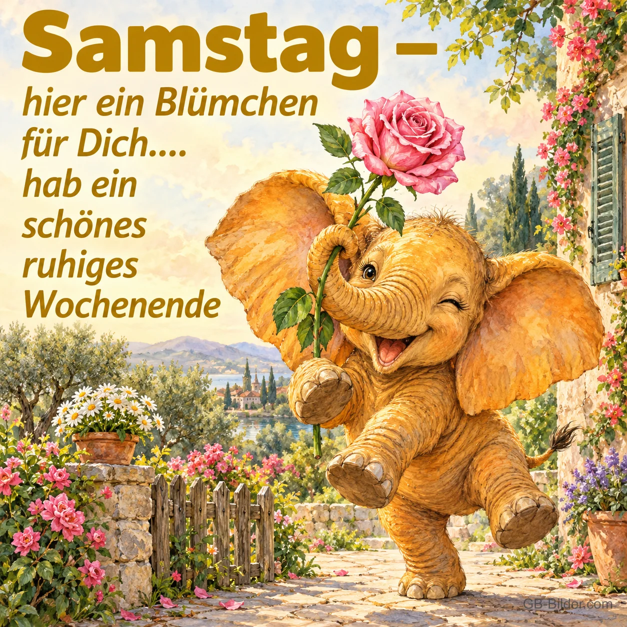 Fröhlicher Elefant hält eine rosa Rose im Rüssel in einem blühenden Garten, Text: Samstag – hier ein Blümchen für Dich.... hab ein schönes ruhiges Wochenende