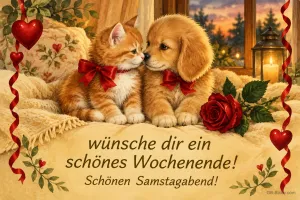Kätzchen und Welpe mit Schleifen und Rose, Text: wünsche dir ein schönes Wochenende! Schönen Samstagabend!