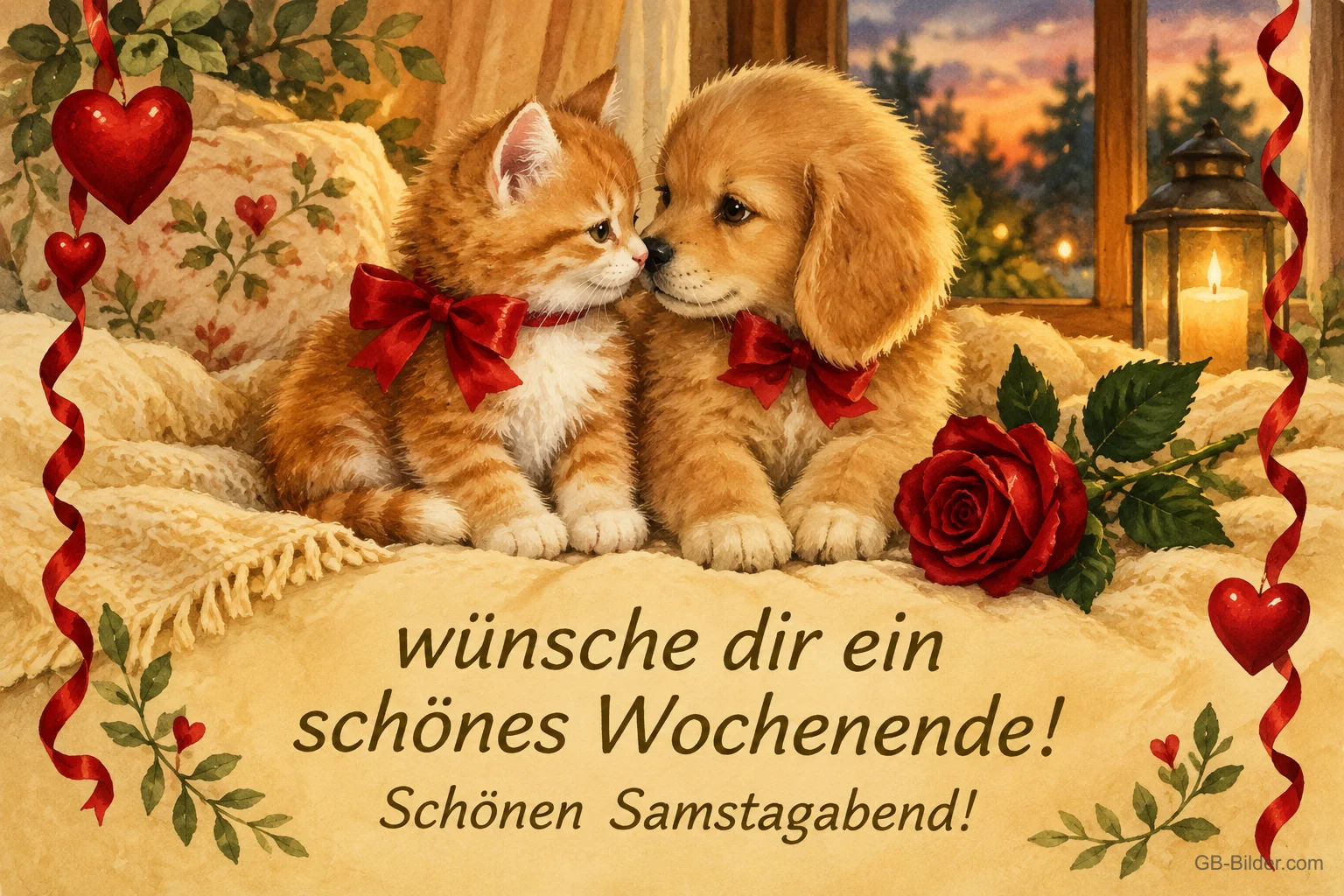 Kätzchen und Welpe mit Schleifen und Rose, Text: wünsche dir ein schönes Wochenende! Schönen Samstagabend!