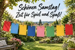 Bunte Karten an einer Wäscheleine im Garten, Text: Schönen Samstag! Zeit für Spiel und Spaß!