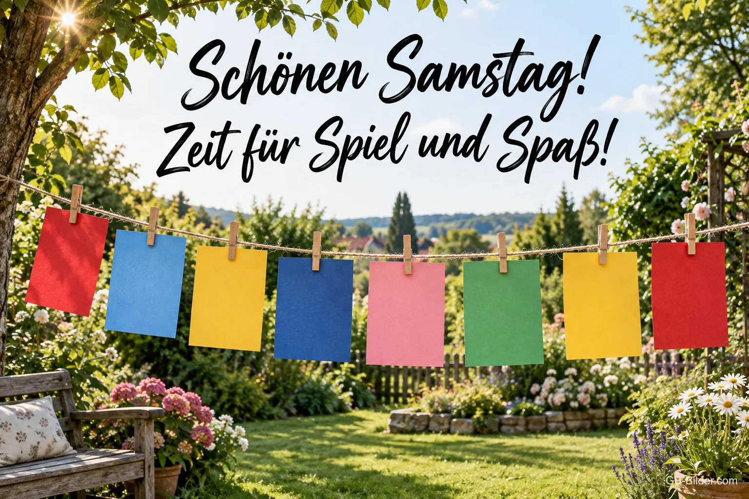 Bunte Karten an einer Wäscheleine im Garten, Text: Schönen Samstag! Zeit für Spiel und Spaß!