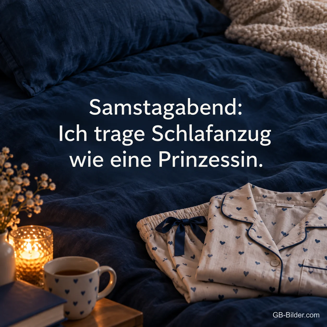 Schlafanzug mit Herzen auf dem Bett, lustiger Spruch: Samstagabend: Ich trage Schlafanzug wie eine Prinzessin.