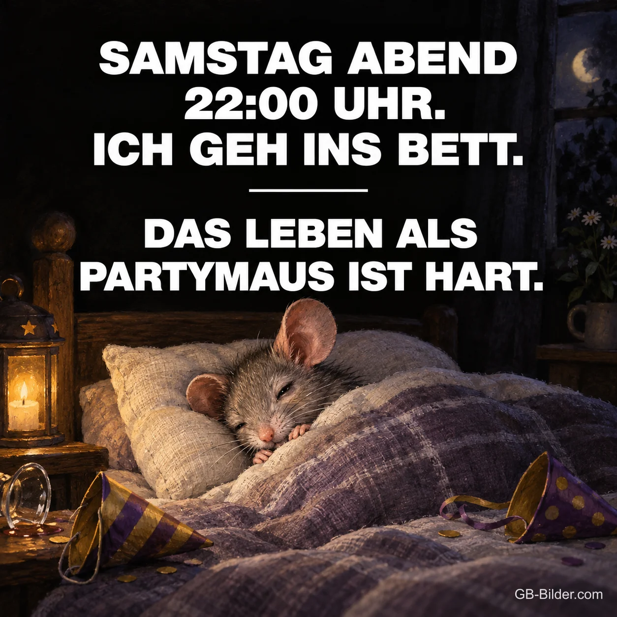 Schlafende Maus mit Partyhüten im Bett, lustiger Spruch: Das Leben als Partymaus ist hart.