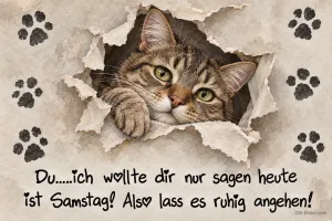 Katze schaut aus einem Papierloch, Text: Ich wollte dir nur sagen heute ist Samstag! Also lass es ruhig angehen!