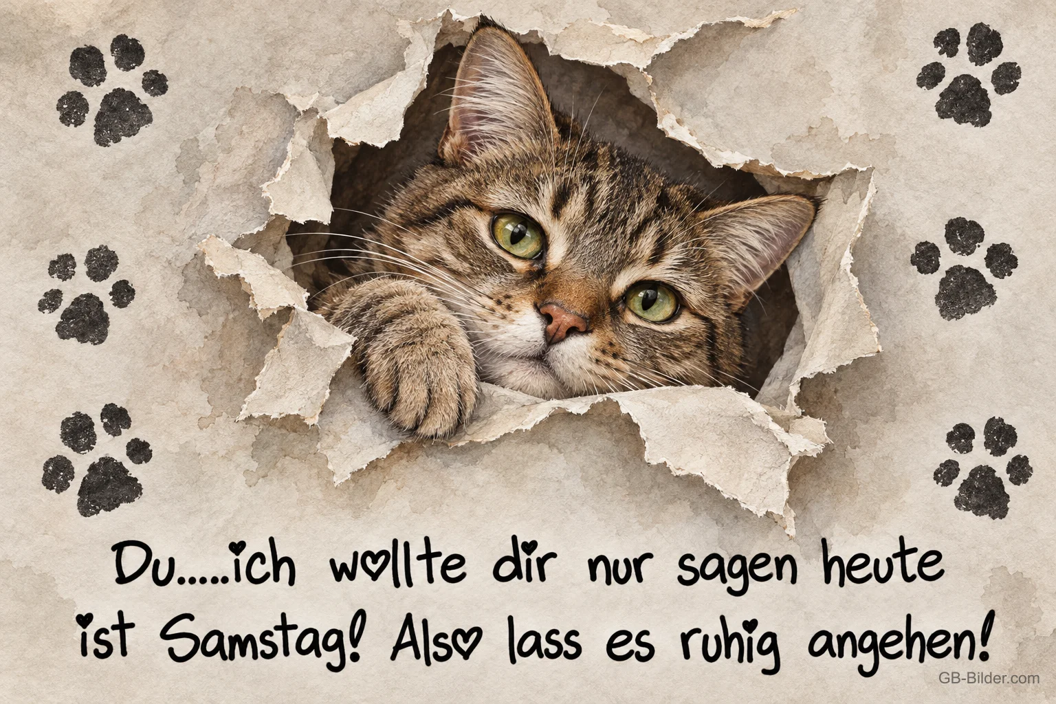 Katze schaut aus einem Papierloch, Text: Ich wollte dir nur sagen heute ist Samstag! Also lass es ruhig angehen! Katze schaut aus einem Papierloch, Text: Ich wollte dir nur sagen heute ist Samstag! Also lass es ruhig angehen!